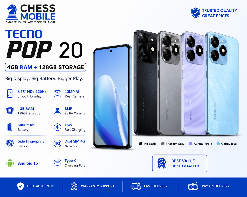 Tecno Pop 20 – 4GB RAM + 128GB Storage
