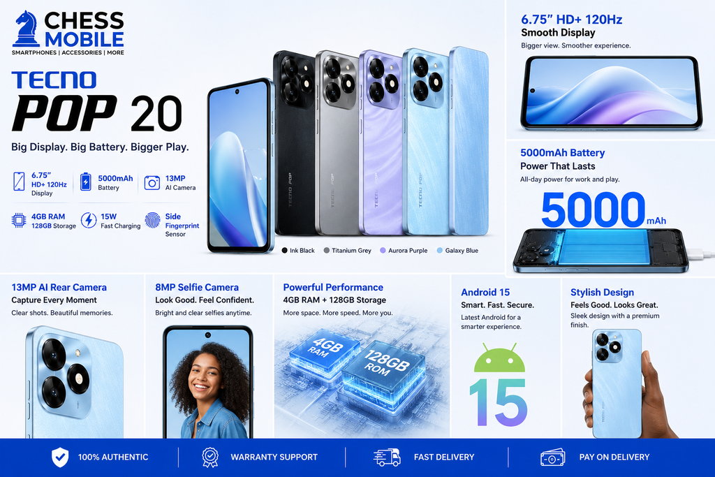 Tecno Pop 20 – 4GB RAM + 128GB Storage